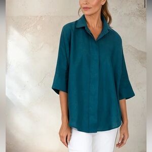 JARBO Sahana Dolman Blouse Top Small 100% Linen Collared 3/4 Sleeve Teal Luxury